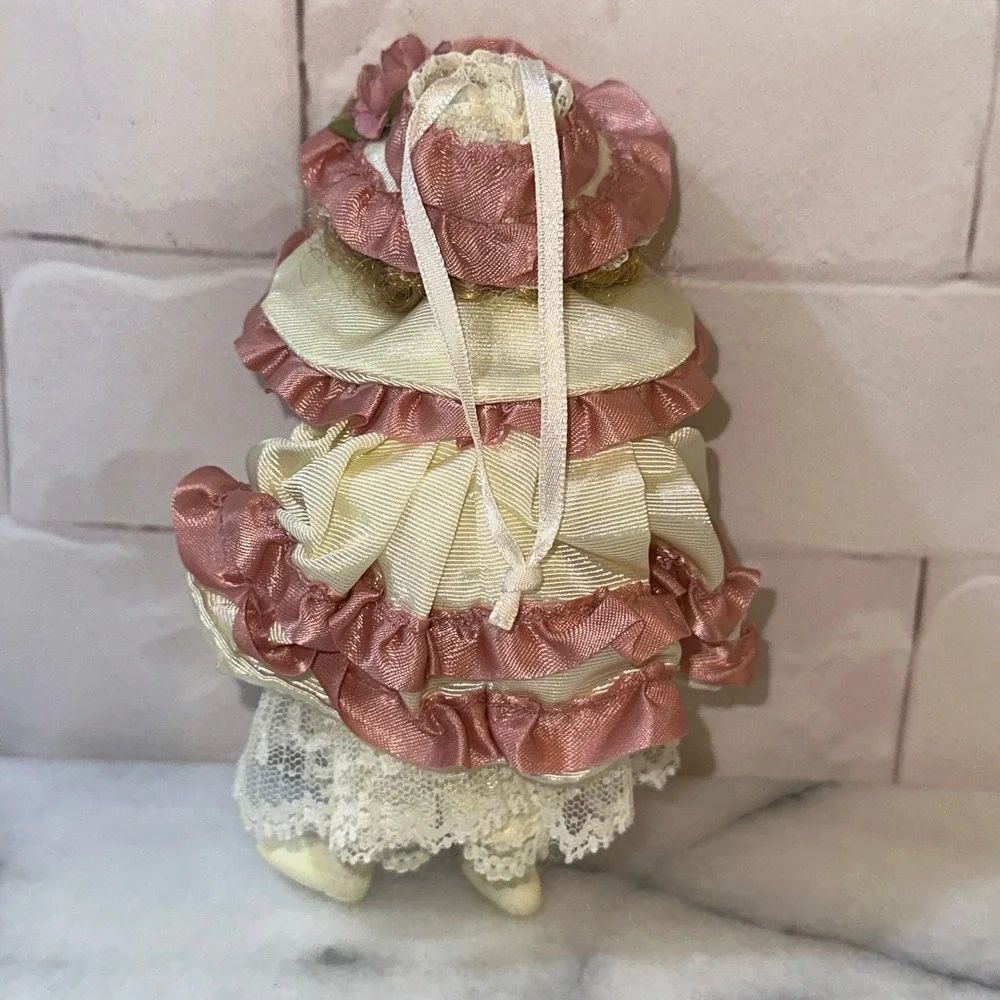 Vintage Porcelain Bisque Doll Ornament Victorian Style Pink Cream Lace Ruffles